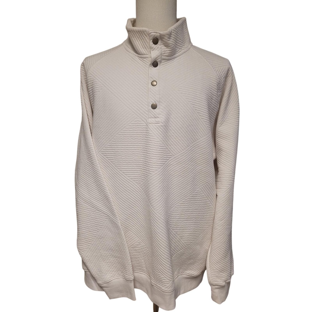 Mens Quilted Textured Snap Neck Pullover Sweatshirt Ivory XXL Comfortable Style